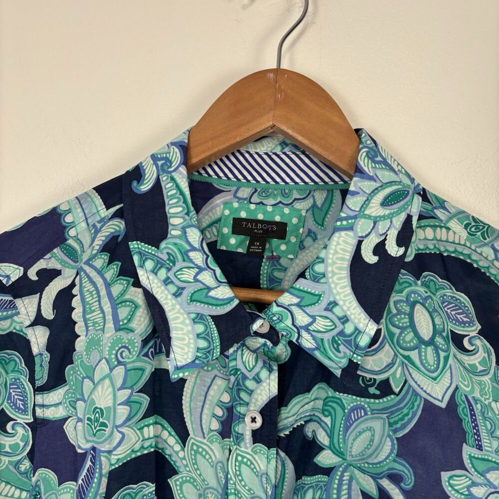 Talbots 1X Cotton Button Front Shirt Charming Floral Paisley Blue - Picture 3 of 7